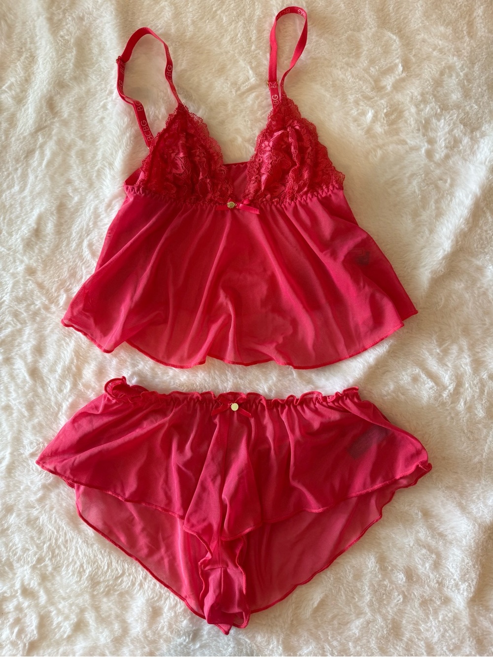 BCBGeneration Sheer Pink Lace-Trim Babydoll Top & Ruffle Shorts Set